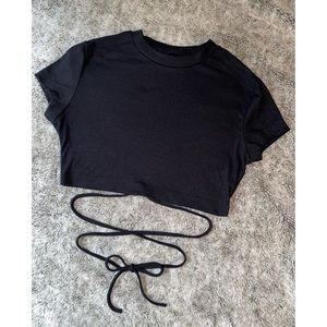 Black Lace up back tie Tee